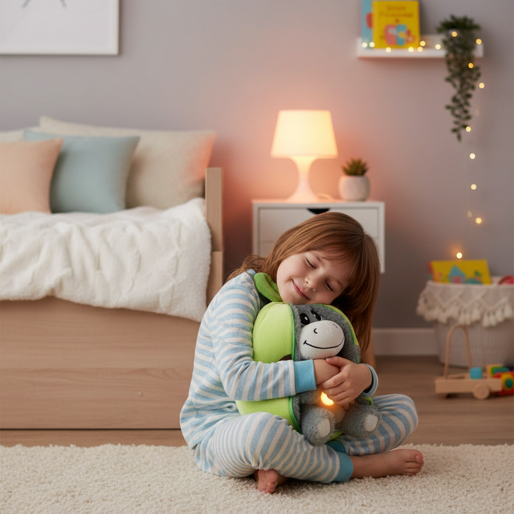 Niño abrazando el peluche luminoso
